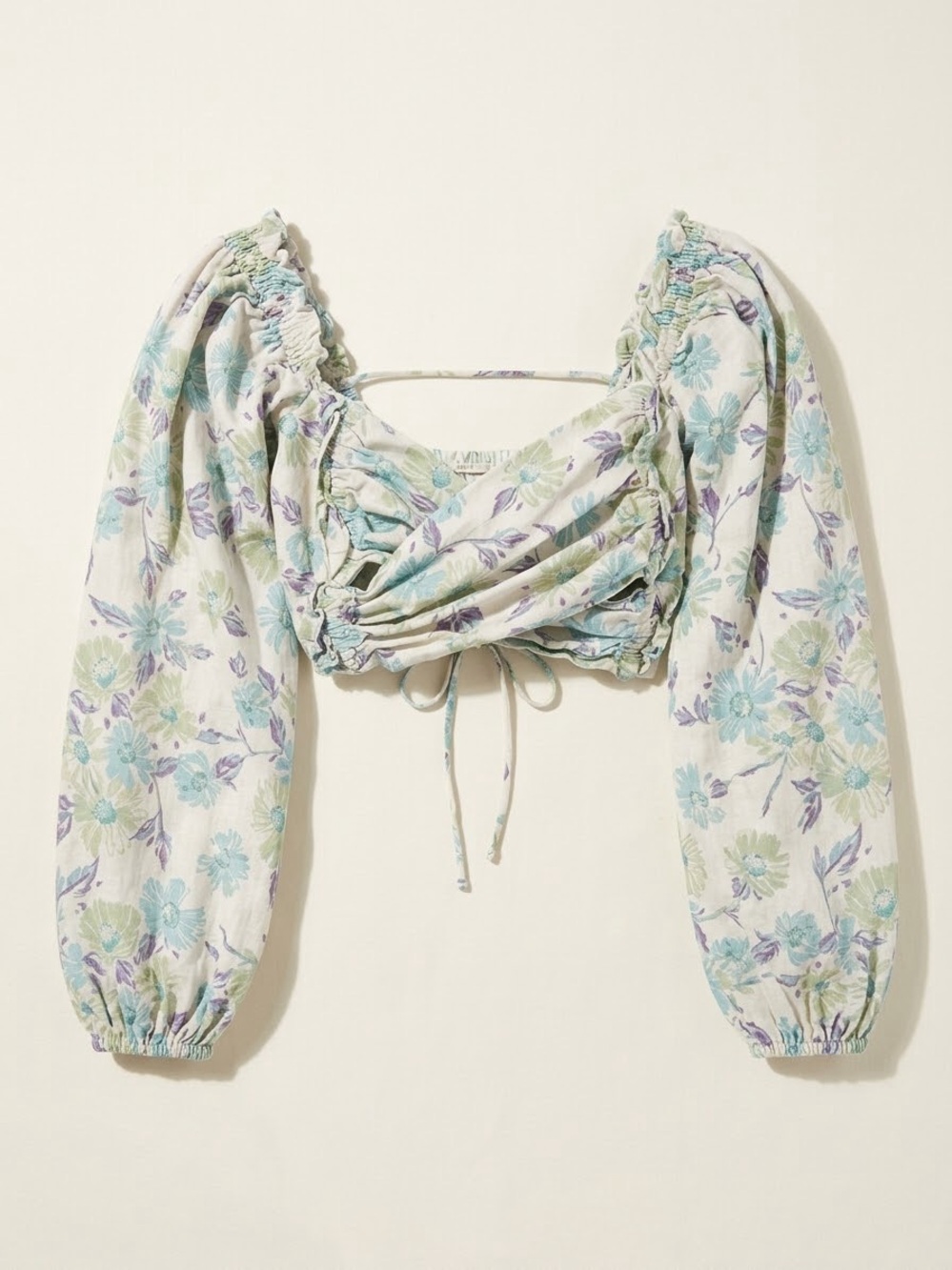 Sabo Ruched Floral Puff-Sleeve Crop Top in Mint and Lavender
